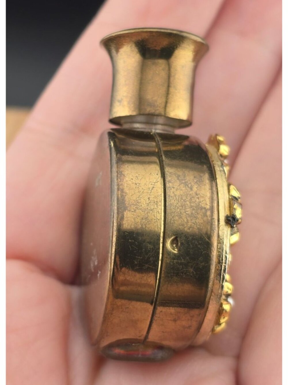 Vintage Gold Metal Floral Perfume Bottle With Faux Pearl Accents 2"  Empty - Picture 5 of 9
